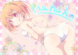 Rule 34 | 10s, 1girl, :p, anne happy, aosora neko, ass, bad id, bad pixiv id, bikini, butt crack, character name, from behind, gradient hair, hanakoizumi an, heart, heart-shaped pupils, looking at viewer, looking back, multicolored hair, orange hair, pink eyes, pink hair, short hair, smile, solo, swimsuit, symbol-shaped pupils, thigh gap, thighs, tongue, tongue out, twintails