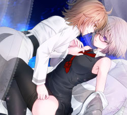 Rule 34 | 2girls, armpits, black pantyhose, brown eyes, brown hair, clothes pull, curtains, dated, eye contact, fate/grand order, fate (series), fujimaru ritsuka (female), girl on top, glasses, imminent penetration, jacket, unworn jacket, light particles, light purple hair, looking at another, mash kyrielight, multiple girls, necktie, pantyhose, pantyhose pull, parted lips, plughost, purple eyes, reclining, red neckwear, short hair, sleeveless, smile, undressing, undressing another, yuri
