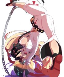 Rule 34 | 1girl, ankh, anklet, ass, ball and chain restraint, blonde hair, bodysuit, breasts, chain, spiked halo, covered erect nipples, fingernails over gloves, full body, guilty gear, guilty gear xrd, halo, handstand, highres, infraton, jack-o&#039; valentine, jewelry, large breasts, long hair, multicolored hair, red eyes, red hair, shoes, solo, split, two-tone hair, underboob, upside-down
