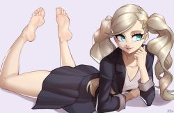 Rule 34 | 1girl, absurdres, barefoot, black jacket, black skirt, blonde hair, blue eyes, breasts, earrings, feet up, full body, grey background, hair ornament, hairclip, hand to own mouth, highres, jacket, jewelry, long hair, looking to the side, lying, on stomach, persona, persona 5, pleated skirt, shirt, skirt, sleeves rolled up, smile, solo, swept bangs, takamaki anne, the pose, thighs, twintails, wavy hair, white shirt, x xith x