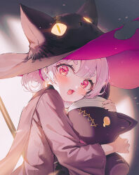 Rule 34 | 1girl, :d, animal hat, bandages, black cape, black hat, blush, broom, cape, cat hat, character request, copyright request, fang, from side, grey hair, hair between eyes, hair bun, hat, hugging doll, hugging object, long sleeves, open mouth, pink hat, red eyes, single hair bun, skin fang, smile, solo, stuffed animal, stuffed cat, stuffed toy, tokkyu, tongue, torn clothes, torn hat, upper body