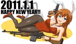 Rule 34 | 10s, 1girl, 2011, animal ears, bad id, bad pixiv id, blue eyes, breasts, brown hair, browning automatic rifle, charlotte e. yeager, dakku (ogitsune), dual wielding, fake animal ears, gun, handgun, holding, large breasts, long hair, lying, m1911, machine gun, medal, new year, on side, pantyhose, pistol, playboy bunny, rabbit ears, rifle, solo, strike witches, trigger discipline, weapon, world witches series