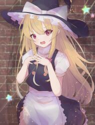 Rule 34 | 1girl, absurdres, apron, black hat, black skirt, blonde hair, bow, brick wall, commentary request, frilled hat, frills, hat, hat bow, highres, kirisame marisa, long hair, looking at viewer, matcha yado, open mouth, own hands together, red eyes, short sleeves, sidelocks, skirt, solo, star (symbol), touhou, white apron, white bow, witch hat