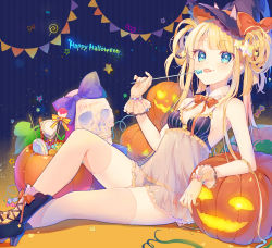 Rule 34 | 1girl, absurdres, black bra, black footwear, black panties, blonde hair, blue background, blue eyes, bow, bra, breasts, cleavage, frilled bra, frills, gloves, hair bow, hair ornament, halloween, happy halloween, highres, holding, jack-o&#039;-lantern, lingerie, long hair, looking at viewer, navel, negligee, orange bow, original, panties, pumpkin, purple bow, see-through, sideboob, sitting, skull, small breasts, solo, star (symbol), star hair ornament, striped, striped background, thighhighs, tongue, tongue out, touyama soboro, trick or treat, twintails, underwear, underwear only, very long hair, white gloves, white thighhighs