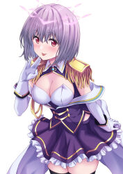 Rule 34 | 1girl, aiguillette, black thighhighs, breasts, cleavage, cowboy shot, detached sleeves, epaulettes, framed breasts, frilled skirt, frills, gloves, gridman universe, gridman universe (film), halo, hand up, highres, large breasts, looking at viewer, purple hair, purple shirt, purple skirt, red eyes, salute, shinjou akane, shirt, short hair, simple background, skirt, sleeveless, sleeveless shirt, smile, solo, ssss.gridman, takahashi (34103098), thighhighs, tongue, tongue out, vulcan salute, white background, white gloves, zettai ryouiki
