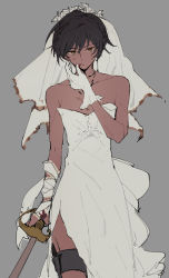 Rule 34 | 1boy, arknights, arm ribbon, black hair, blood, blood on clothes, blood on face, bridal veil, collarbone, commentary request, cowboy shot, crossdressing, dress, gloves, grey background, hand up, highres, holding, holding sword, holding weapon, jewelry, looking at viewer, male focus, marumarukin, necklace, orange eyes, ribbon, short hair, simple background, single glove, solo, strapless, strapless dress, sword, thigh strap, thorns (arknights), veil, weapon, wedding dress, white dress, white gloves, white ribbon
