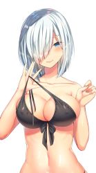 Rule 34 | 10s, 1girl, bad id, bad twitter id, bikini, black bikini, blush, breasts, collarbone, covered erect nipples, front-tie bikini top, front-tie top, hair ornament, hair over one eye, hairclip, halterneck, hamakaze (kancolle), highres, kantai collection, large breasts, looking at viewer, navel, ntk (7t5), short hair, silver hair, simple background, skindentation, smile, solo, strap pull, swimsuit, upper body, white background