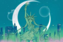Rule 34 | arm up, bishoujo senshi sailor moon, chelsea beck, cityscape, glint, moon, night, night sky, outdoors, sailor moon, second-party source, sky, skyline, statue, statue of liberty, twintails, videocassette