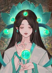 Rule 34 | 1girl, alternate hairstyle, black hair, bracelet, chinese clothes, closed eyes, collarbone, earrings, facial mark, forehead mark, green nails, grey robe, highres, jewelry, long hair, orb, robe, sage (valorant), smile, solo, straight-on, valorant, wan wan