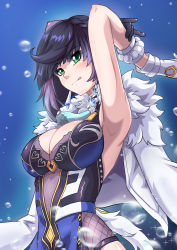 Rule 34 | 1girl, :p, absurdres, armpits, arms behind head, atawatsho, black hair, breasts, chinese clothes, cleavage, coat, coat on shoulders, commentary, english commentary, eyes visible through hair, fur-trimmed coat, fur trim, genshin impact, green eyes, head tilt, highres, looking at viewer, presenting armpit, short hair, sidelocks, simple background, solo, tongue, tongue out, yelan (genshin impact)