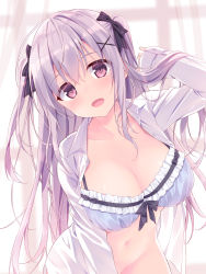 Rule 34 | 1girl, arm up, bow, bra, breasts, cleavage, collarbone, collared shirt, commentary request, dress shirt, frilled bra, frills, grey hair, groin, hair bow, hair ornament, large breasts, long hair, looking at viewer, navel, open clothes, open mouth, open shirt, original, pink eyes, purple bra, ryouka (suzuya), shirt, solo, stomach, two side up, underwear, upper body, white shirt, x hair ornament