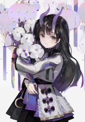 Rule 34 | 1girl, black hair, black skirt, bouquet, closed mouth, commentary, cowboy shot, falling petals, flower, gradient hair, grey background, grey eyes, holding, holding bouquet, horns, hugging object, hyatsu, jacket, lantern, long hair, long sleeves, looking at viewer, multicolored hair, original, paper lantern, petals, pleated skirt, purple flower, purple hair, purple theme, simple background, skirt, smile, solo, symbol-only commentary, white flower, white jacket