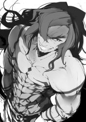 Rule 34 | 1boy, abs, azrael (blazblue), bare shoulders, blazblue, blazblue: chronophantasma, evil smile, facial hair, goatee, greyscale, hair over one eye, hands in pockets, highres, kyuu (plastic night q), long hair, looking at viewer, looking down, male focus, messy hair, monochrome, muscular, smile, solo, tattoo
