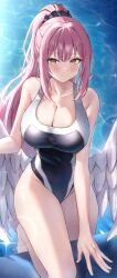 Rule 34 | 1girl, absurdres, blue archive, blush, breasts, cleavage, curvy, highres, large breasts, long hair, looking at viewer, mika (blue archive), pink hair, reneua, smile, solo, swimsuit, wide hips, wings