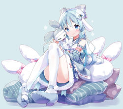 Rule 34 | 1girl, = =, ahoge, amimi, animal ears, blue bow, blue dress, blue eyes, blue hair, bow, braid, closed eyes, commission, detached sleeves, dot nose, dress, fake animal ears, footwear bow, full body, fur-trimmed dress, fur trim, grey bow, hair bow, highres, holding, holding stuffed toy, light blue background, light blush, light smile, long hair, long sleeves, looking at viewer, mary janes, obi, original, pillow, pink bow, polka dot, polka dot pillow, pom pom (clothes), rabbit-shaped pillow, sash, shoes, sitting, skeb commission, sleeveless, sleeveless dress, snowflake print, snowflakes, striped, striped bow, striped pillow, stuffed animal, stuffed rabbit, stuffed toy, thighhighs, thighs, twin braids, white thighhighs