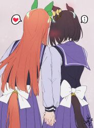 ... 2girls absurdres air_groove_(umamusume) animal_ears blush_visible_through_hair bow brown_hair commentary_request from_behind heart highres holding_hands horse_ears horse_girl horse_tail interlocked_fingers long_hair long_sleeves multiple_girls orange_hair purple_background purple_sailor_collar purple_serafuku purple_shirt purple_skirt sailor_collar school_uniform serafuku shirt silence_suzuka_(umamusume) skirt spoken_ellipsis spoken_heart sugamo_(rainysnowy108) tail tracen_school_uniform umamusume white_bow yuri