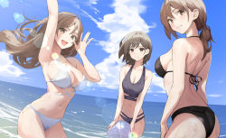 Rule 34 | 3girls, :d, absurdres, arm up, armpits, ass, bare arms, bare shoulders, bikini, black bikini, breasts, brown eyes, brown hair, cleavage, commentary request, cowboy shot, floating hair, grin, halterneck, halterneck, hand up, highres, korean commentary, large breasts, long hair, looking at viewer, low ponytail, mixed-language commentary, multi-strapped bikini, multiple girls, navel, ocean, open mouth, original, outdoors, partial commentary, revision, short hair, smile, star741, stomach, string bikini, swimsuit, wading, wet, white bikini