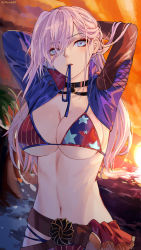 Rule 34 | 1girl, arms up, belt, bikini, blue eyes, breasts, choker, cleavage, commentary request, fate/grand order, fate (series), flag print, hair over one eye, large breasts, long sleeves, march ab, miyamoto musashi (fate), miyamoto musashi (fate/grand order), miyamoto musashi (swimsuit berserker) (fate), mouth hold, navel, pink hair, ponytail, ribbon, shiny skin, solo, sunset, swimsuit, twitter username, tying hair, upper body