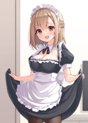 Rule 34 | 1girl, :d, alternate costume, apron, black dress, blush, braid, breasts, brown eyes, brown hair, brown pantyhose, childhood friend (ominaeshi), cleavage, commentary request, door, dress, enmaided, flat screen tv, frilled apron, frills, hair between eyes, highres, indoors, maid, maid headdress, medium breasts, ominaeshi (takenoko), open mouth, original, pantyhose, puffy short sleeves, puffy sleeves, short sleeves, skirt hold, smile, solo, television, white apron