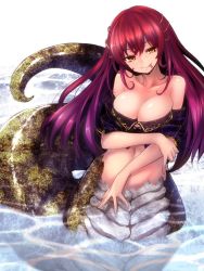 Rule 34 | breasts, crop top, forked tongue, gradient hair, hair ornament, lamia, large breasts, midriff, monster girl, multicolored hair, red hair, smile, snake tail, solo, tail, tongue, tousen