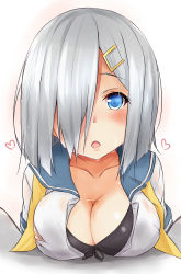 Rule 34 | 10s, 1girl, absurdres, black bra, blue eyes, bra, breast rest, breasts, cleavage, gradient background, hair ornament, hair over one eye, hairclip, hamakaze (kancolle), heart, heart-shaped pupils, highres, kantai collection, large breasts, looking at viewer, neckerchief, open clothes, open mouth, open shirt, saku (kudrove), school uniform, serafuku, shirt, short hair, silver hair, solo, symbol-shaped pupils, underwear, upper body, yellow neckerchief
