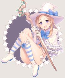 Rule 34 | 1girl, :d, blue bow, blue bowtie, boots, bow, bowtie, capelet, e (eokiba), hat, hat bow, highres, holding, holding staff, hood, hooded capelet, knee boots, light brown hair, naked capelet, navel, open mouth, plant, purple eyes, smile, solo, staff, striped clothes, striped footwear, vines, white bow, white hat, witch hat