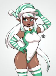 Rule 34 | 1girl, arm up, bell, blush, breasts, dark-skinned female, dark skin, elbow gloves, eyebrows, fangs, gloves, green eyes, green gloves, green hair, green thighhighs, hand on own hip, hat, highres, large breasts, long hair, looking at viewer, multicolored clothes, multicolored gloves, multicolored hair, multicolored legwear, open mouth, original, pointy ears, santa hat, smile, solo, streaked hair, taggo, teeth, thighhighs, upper teeth only, very long hair, white gloves, white hair, white thighhighs