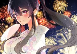 Rule 34 | 1girl, black hair, blush, breasts, hand fan, fireworks, hair between eyes, highres, irokiiro, japanese clothes, kantai collection, kimono, large breasts, long hair, looking at viewer, night, night sky, one-hour drawing challenge, paper fan, ponytail, red eyes, sky, smile, solo, twitter username, uchiwa, very long hair, yahagi (kancolle)