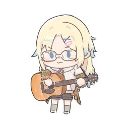 Rule 34 | 1girl, :3, acoustic guitar, black shorts, blonde hair, blue eyes, blue hair, chibi, chibi only, closed mouth, commission, gradient hair, guitar, highres, hood, hoodie, instrument, layered sleeves, light blue hair, link! like! love live!, long hair, long sleeves, love live!, mr frog716, multicolored hair, music, osawa rurino, parted bangs, plaid, plaid shirt, playing instrument, shirt, short over long sleeves, short sleeves, shorts, simple background, skeb commission, solo, white background, white hoodie