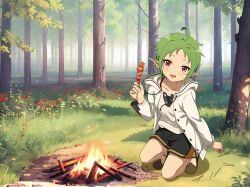 Rule 34 | 1girl, absurdres, ahoge, black shorts, brown footwear, day, elf, fire, food, forest, highres, holding, holding food, hood, hooded jacket, jacket, looking at viewer, meitoku, mushoku tensei, nature, outdoors, pointy ears, red eyes, shirt, short hair, shorts, solo, sylphiette (mushoku tensei), tree, white jacket, white shirt, wood