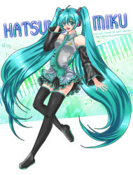 Rule 34 | 1girl, ahoge, aqua eyes, aqua hair, bad id, bad pixiv id, boots, breasts, detached sleeves, female focus, full body, hatsune miku, headset, legs, long hair, necktie, shainea, skirt, smile, solo, thigh boots, thighhighs, twintails, very long hair, vocaloid, white background