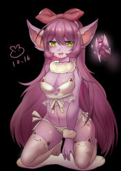 Rule 34 | 2girls, :3, absurdres, alternate breast size, alternate ears, arm behind back, arm between legs, artist logo, black background, blush, bow, bra, breasts, cat lingerie, cleavage, colored skin, dated, dot nose, eyebrows, fang, female focus, frilled bra, frills, full body, fur collar, fur cuffs, green eyes, hair bow, half-closed eyes, highres, kneeling, large bow, league of legends, long ears, long hair, lulu (league of legends), medium breasts, medium hair, meme attire, multiple girls, naughty face, navel, open mouth, panties, petite, pink hair, pink skin, pix (league of legends), red bow, simple background, solo focus, thighhighs, underwear, very long hair, white bra, white panties, white thighhighs, yandere rabbit, yordle