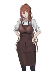 Rule 34 | 1girl, apron, black pants, brown apron, brown hair, closed eyes, collared shirt, commentary, feet out of frame, girls&#039; frontline, hands on own hips, high ponytail, highres, long hair, open mouth, pants, seilindekos, shirt, simple background, sleeves rolled up, solo, springfield (girls&#039; frontline), standing, very long hair, white background, white shirt