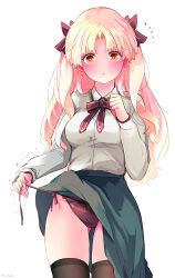 Rule 34 | 1girl, azumi (myameco), black skirt, blonde hair, clothes lift, ereshkigal (fate), fate/grand order, fate (series), lifting own clothes, long hair, looking at viewer, panties, red eyes, school uniform, shirt, simple background, skirt, skirt lift, solo, underwear, white background, white shirt