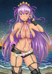 Rule 34 | 1girl, :p, bb (fate), bb (fate) (all), bb (swimsuit mooncancer) (fate), bb (swimsuit mooncancer) (second ascension) (fate), beach, bead bracelet, beads, belt, bikini, black gloves, black shorts, blush, boots, bracelet, breasts, covered erect nipples, dark-skinned female, dark skin, fate/grand order, fate (series), fingerless gloves, garter belt, gloves, gyaru, hair ribbon, hairband, hand on own hip, heart, heart-shaped pupils, highres, jewelry, large breasts, long hair, looking at viewer, loose belt, micro shorts, navel, nose blush, open clothes, open shorts, outdoors, purple bikini, purple eyes, purple hair, purple ribbon, ray (zxasqw66), ribbon, short shorts, shorts, smile, solo, star (symbol), studded garter belt, swimsuit, symbol-shaped pupils, tan, thighhighs, thighhighs under boots, tongue, tongue out, twilight, v, very long hair