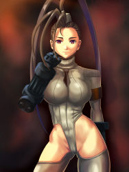 Rule 34 | 1girl, adapted costume, antenna hair, armband, bad end, breasts, cammy white, cammy white (cosplay), contrapposto, corruption, cosplay, detached leggings, fingerless gloves, garrison cap, gloves, grey thighhighs, hair slicked back, hat, high ponytail, highres, ibuki (street fighter), large breasts, leotard, no panties, ribbed leotard, ryourou (edexigerero), skin tight, solo, standing, street fighter, thighhighs, thong leotard, turtleneck