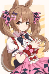 Rule 34 | 1girl, animal ears, black bow, black bowtie, blush stickers, bow, bowtie, brown hair, center frills, center opening, character name, collared shirt, frills, hair bow, highres, horse ears, horse girl, horse tail, long hair, looking at viewer, mikuru ism, own hands together, parted lips, pink skirt, puffy short sleeves, puffy sleeves, raised eyebrows, shirt, short sleeves, skirt, smart falcon (umamusume), solo, suspender skirt, suspenders, tail, twintails, umamusume, upper body, white shirt, yellow eyes