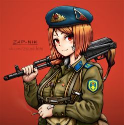 Rule 34 | 1girl, :3, ak-74, aks-74, assault rifle, bandaid, bandaid on face, beret, blue hat, buttoned cuffs, buttons, cigarette, closed mouth, collared jacket, green jacket, gun, hair between eyes, hat, holding, holding gun, holding weapon, jacket, kalashnikov rifle, long sleeves, looking at viewer, military, military hat, military jacket, military uniform, original, red background, red eyes, red hair, rifle, russian army, shirt, smoke, smoking, solo, soviet, striped clothes, striped shirt, telnyashka, uniform, v-shaped eyebrows, weapon, zap-nik