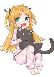 Rule 34 | 10s, 1girl, :3, :d, animal, animal print, barefoot, black ribbon, blonde hair, blush, cat, cat print, charlotte izoard, closed mouth, commentary request, full body, green eyes, hair ribbon, hashiko nowoto, holding, holding animal, long hair, long sleeves, looking at viewer, o o, open mouth, pajamas, pants, pink pajamas, pink pants, pink shirt, print pajamas, print pants, print shirt, ribbon, ryuuou no oshigoto!, shirt, sitting, smile, solo, tears, two side up, very long hair, white background
