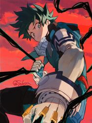 Rule 34 | 1boy, artist name, black whip (boku no hero academia), blue bodysuit, blue gloves, bodysuit, boku no hero academia, bright pupils, clenched hand, closed mouth, cloud, commentary request, evening, film grain, foreshortening, freckles, from side, frown, furrowed brow, gloves, green eyes, green hair, looking at viewer, looking down, looking to the side, male focus, mask, mask around neck, matsuya (pile), midoriya izuku, mouth mask, orange sky, outdoors, partial commentary, serious, short hair, sky, solo, tendril, turning head, v-shaped eyebrows, white gloves, white pupils