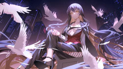 Rule 34 | 1girl, absurdly long hair, bird, black hair, blonde hair, breasts, city, cleavage, coat, coat on shoulders, colored inner hair, commission, feathers, formal, hair ornament, hairclip, high heels, highres, jewelry, crossed legs, long hair, looking at viewer, mole, mole under mouth, multicolored hair, necklace, original, pant suit, pants, pigeon, ring, sitting, skeb commission, sky, smile, solo, star (sky), starry sky, suit, tsuki-shigure, very long hair, yellow eyes