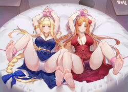 Rule 34 | 2girls, alice zuberg, arms up, asuna (sao), bare arms, bare legs, bare shoulders, barefoot, bdsm, blonde hair, blue dress, blue eyes, blue ribbon, bondage, bound, bound ankles, bound legs, braid, breasts, brown eyes, brown hair, cuffs, dress, evening gown, feet, feet up, female focus, flower, formal, french braid, full body, gown, hair flower, hair ornament, hairclip, handcuffs, highres, jewelry, legs up, long hair, looking at viewer, lying, medium breasts, multiple girls, necklace, ninai, no bra, no shoes, on back, open mouth, panties, ponytail, red dress, red flower, red rose, red skirt, restrained, ribbon, rose, skirt, smile, soles, sword art online, sword art online: alicization, thighs, toes, underwear, very long hair