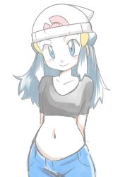 Rule 34 | 1girl, arms behind back, beanie, black shirt, blue eyes, blue hair, blue pants, blush, breasts, collarbone, creatures (company), dawn (pokemon), denim, female focus, game freak, hainchu, hair ornament, hat, jeans, long hair, looking at viewer, midriff, navel, nintendo, pants, pokemon, pokemon dppt, shirt, short sleeves, sketch, small breasts, smile, white background, white headwear