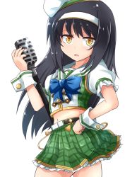 Rule 34 | 10s, 1girl, adapted costume, belt, black hair, blue bow, bow, brown eyes, cowboy shot, from side, girls und panzer, green shirt, green skirt, hairband, hand on own hip, hat, holding, idol, kitayama miuki, long hair, looking at viewer, microphone stand, midriff, navel, ooarai school uniform, parted lips, plaid, plaid shirt, plaid skirt, pleated skirt, puffy short sleeves, puffy sleeves, reizei mako, school uniform, shirt, short sleeves, simple background, skirt, solo, standing, white background, white hairband, white hat, wrist cuffs