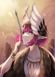 Rule 34 | 1girl, breasts, circe (fate), commentary request, fate/grand order, fate (series), feathered wings, head wings, highres, looking at viewer, outdoors, peppertomo, pink hair, pointing, pointing up, pointy ears, short hair, small breasts, smile, solo, wings