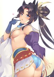 Rule 34 | 1girl, armor, ass, asymmetrical sleeves, black hat, blue eyes, blue panties, blunt bangs, breasts, detached sleeves, fate/grand order, fate (series), finger to mouth, gradient background, hat, heart, heart-shaped pupils, japanese armor, kusazuri, looking at viewer, mismatched sleeves, open mouth, panties, parted bangs, pinta (ayashii bochi), pleated skirt, pom pom (clothes), revealing clothes, short eyebrows, side ponytail, sideboob, simple background, skirt, small breasts, solo, symbol-shaped pupils, underboob, underwear, ushiwakamaru (fate)