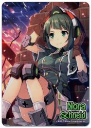 Rule 34 | armor, armored boots, battlefield, black hair, boots, character name, convenient censoring, convenient leg, cosmic break, gloves, green eyes, helmet, knee pads, military, military uniform, miniskirt, nora schneid, official art, skirt, solo, uniform, wakaba sprout