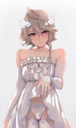 Rule 34 | 1boy, bare shoulders, bulge, clothes lift, collarbone, corrin (fire emblem), corrin (male) (fire emblem), crossdressing, dress, dress lift, fire emblem, fire emblem fates, flower, hair between eyes, hair flower, hair ornament, highres, jewelry, lifting own clothes, looking at viewer, male focus, medium hair, nintendo, pointy ears, red eyes, ring, solo, sweat, thighhighs, trap, w (1999 kyu), wedding dress, wedding ring, white dress