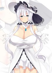 Rule 34 | 1girl, azur lane, bare shoulders, blue eyes, blush, breasts, choker, cleavage, dress, elbow gloves, female focus, garter straps, gloves, hat, huge breasts, illustrious (azur lane), irasuto no onii-san, long hair, long skirt, long twintails, looking at viewer, miniskirt, skirt, solo, standing, thighs, twintails, white gloves, white hair