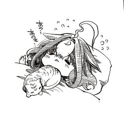 Rule 34 | 1girl, ahoge, animal ears, blanket, blush, cat, cat on person, flying sweatdrops, greyscale, highres, horse ears, mame nabe donko, meisho doto (umamusume), monochrome, pillow, real life, solid eyes, solo, umamusume, under covers